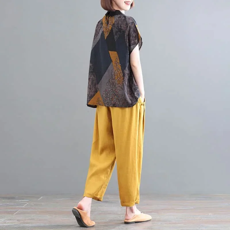 Set Celana Kasual Pop Kaus Kerah Polo Lengan Pendek Linen Katun Longgar dan Celana Harem Pakaian Wanita Set Dua Potong Fashion Korea