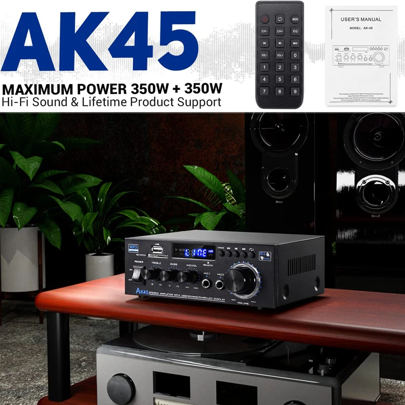 Ak45 Draadloze Bluetooth Stereo Max 350wx2 Rms 40wx2 Eindversterker Kanaal 2.0 Bluetooth 5.0 Hifi Digitale Versterker Voor Thuis