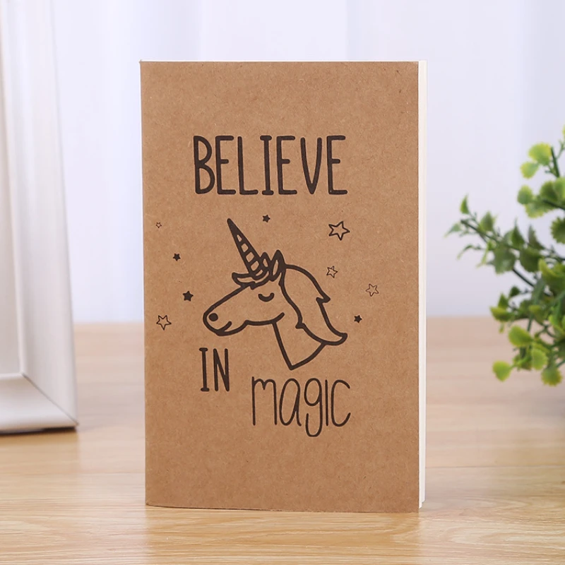 2pcs A6 Kraft Cover Sewing Notebook Cute Unicorn Pattern Pocket Journal Lined Soft Cover Notepad Portable Student Memo Notebook