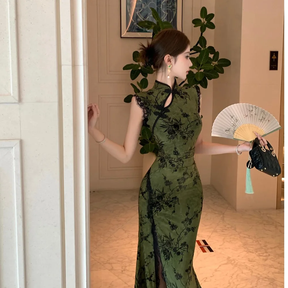 Slimming Ice Silk Velveted Sleeveless Stand Collar Dress Elegant High Waist A-Line Long Skirt Vintage New Summer Fashion view 2