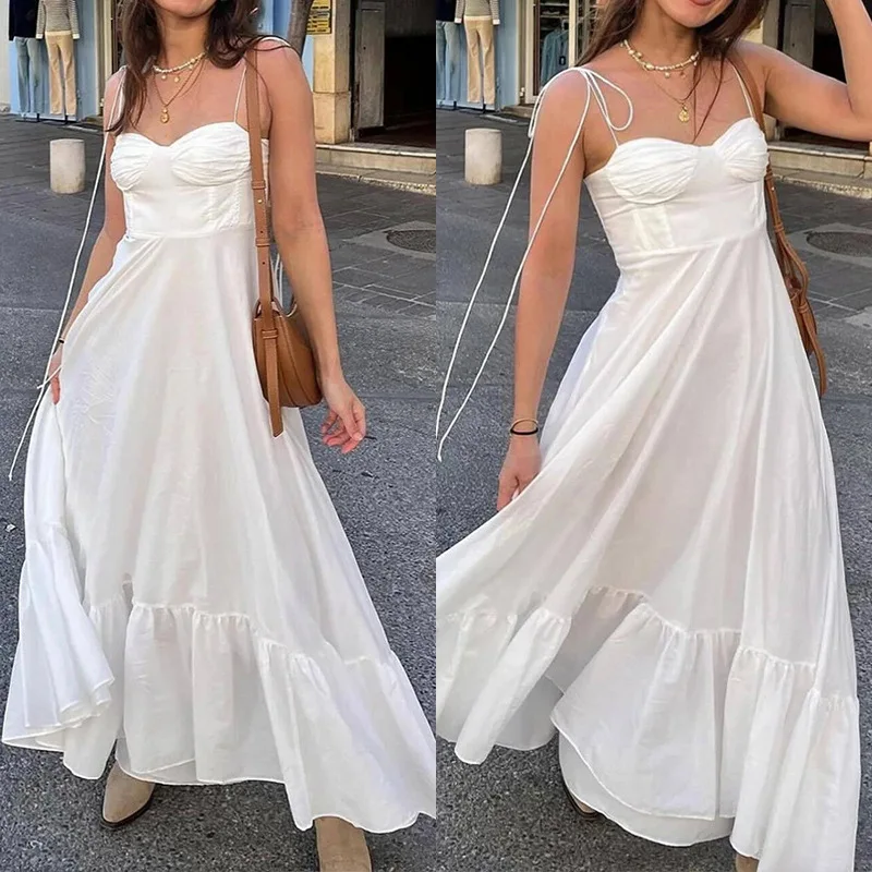 

SKMY 2024 Autumn New Elegant White Dress Fashion Women Clothing Solid Color High Waist Spaghetti Strap Dress Party Clubwear