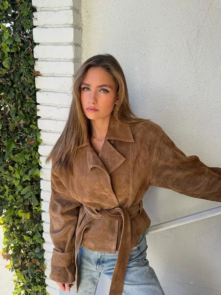 

Women Solid Lace Up Suede Jackets Casual Lapel Long Sleeve With Belt Short Thicken Coat Chic New Winter High Street Wear 2025