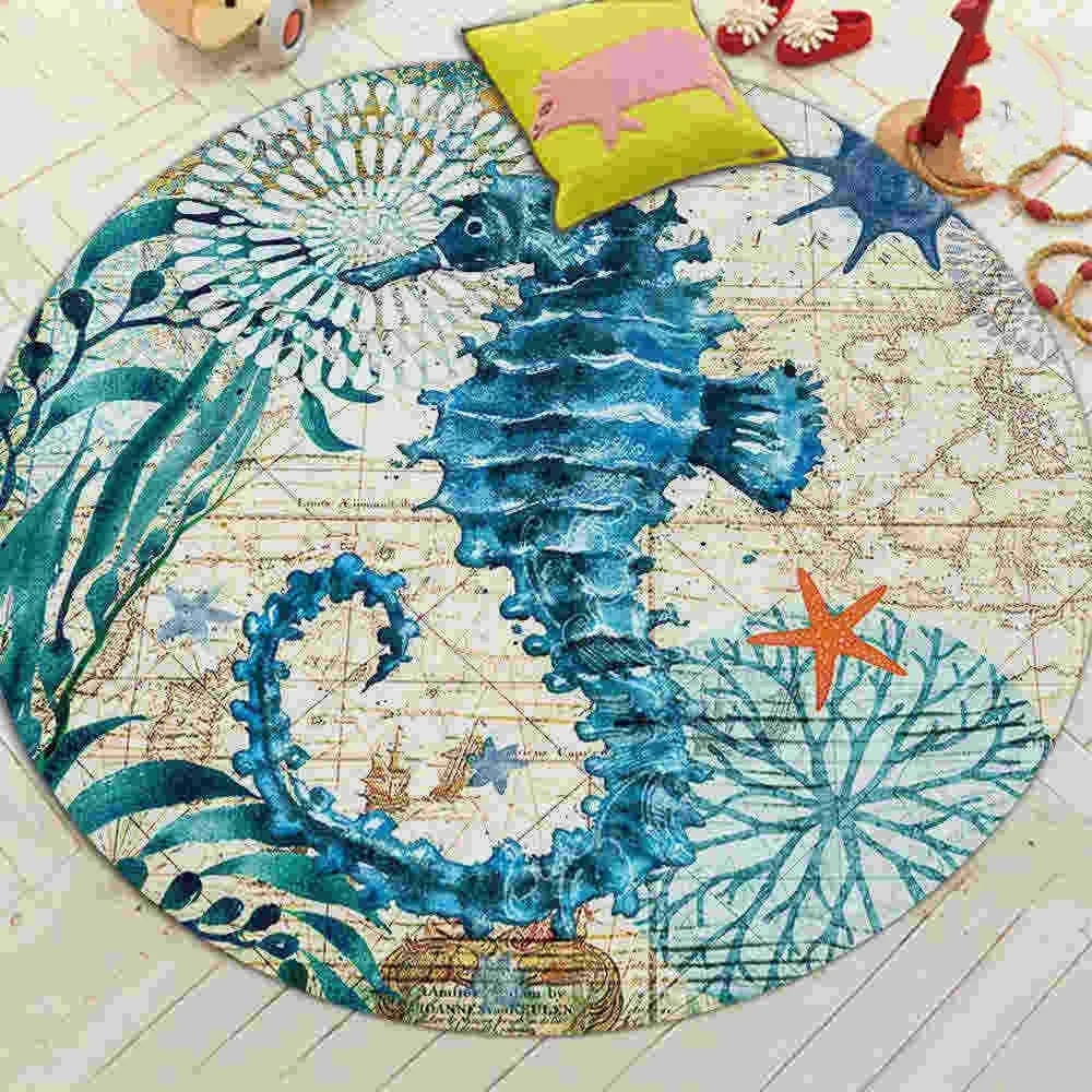 Sea Turtle Ocean Animal Round Carpet Marine Life Rugs Underwater World Floor Mat Living Room Bedroom Dorm Home Decor Chair Mat