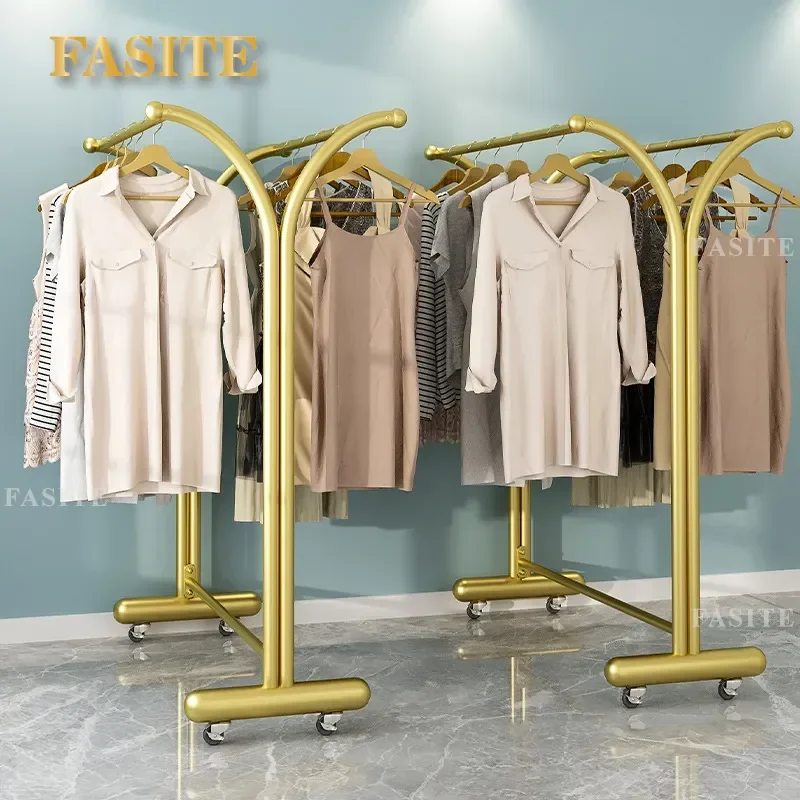 For Clothing Store Double Row Floor Display Rack Girls Clothes Double Pole Hanger with Wheels Mobile Side Rack Simple Design