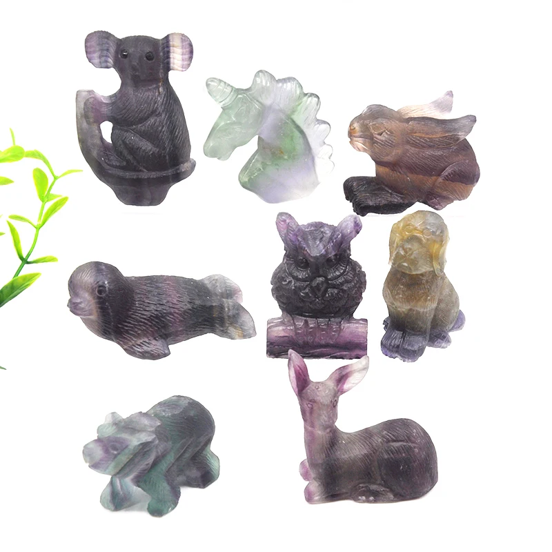 Natural Healing Stone Fluorite Bear Deer Dog Rabbit Koala Unicorn Dolphin Animals Statue Crystal Fish Tank Craft Home Decoration