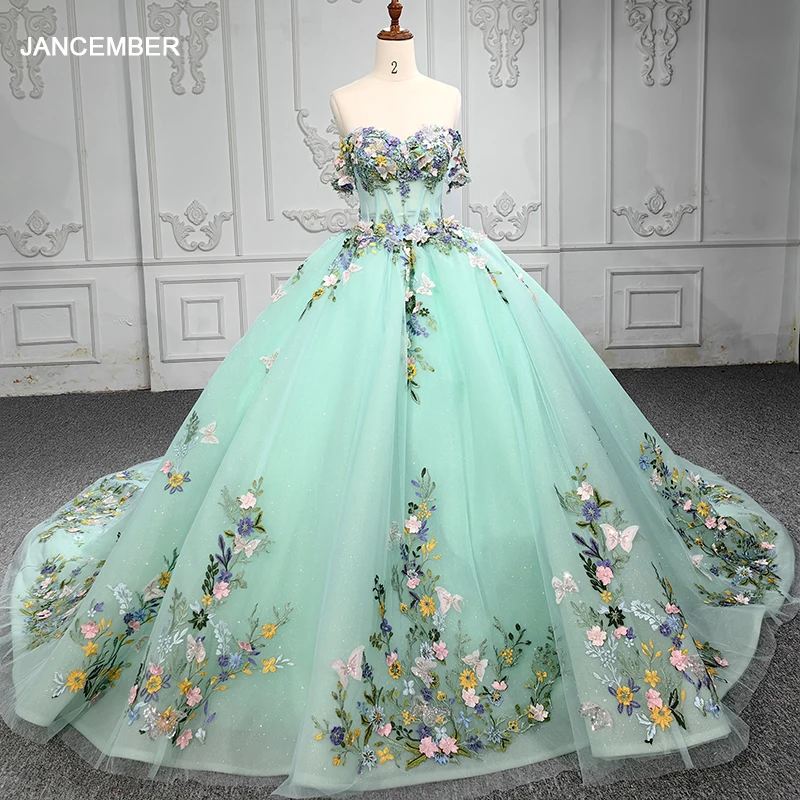 Jancember Off The Shoulder Ball Gown Quinceanera Dresses Sweet 16 Princess Lace Appliques Scoop Prom Gowns vestidos 15 años