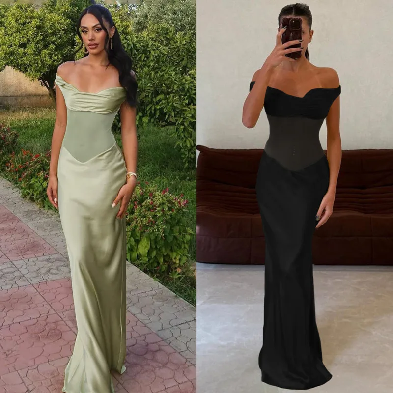 

Elegant Off Shoulder Satin Maxi Dress For Women New Sexy Slim Fit Bodycon Wrap Style Evening Gown For Party Or Night Club Look