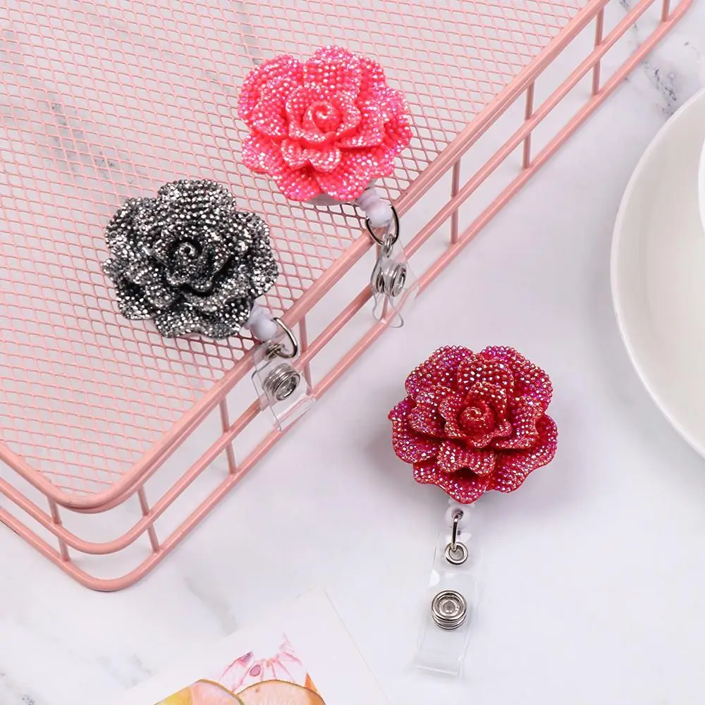 New Rose Shape Design Badge Reel Resina Retrátil Enfermeira ID Card Badge Reel Holder Elegante Floral ID Holder Lanyard Chaveiros