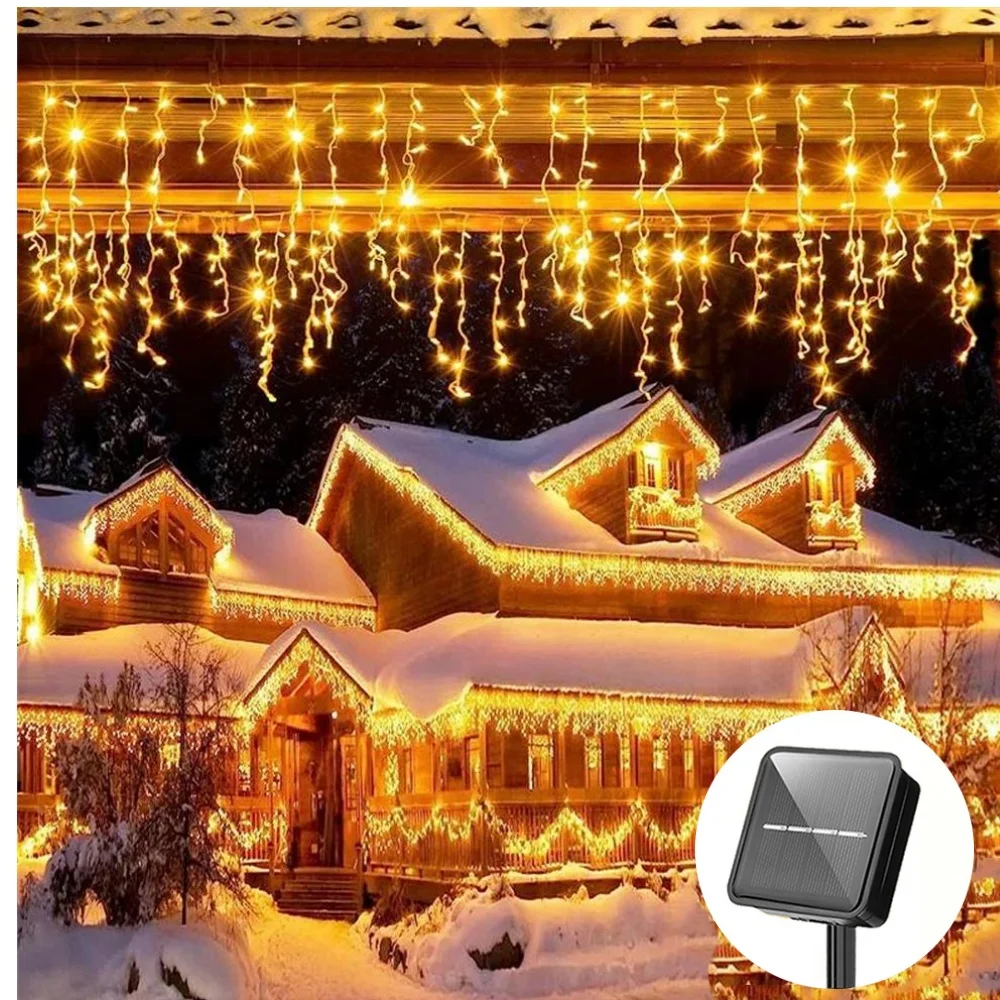 3.5M Eaves Decor Outdoor Fairy String Lights Solar Curtain Icicle Light Wedding Party Christmas Stair Decor Garden Garlands