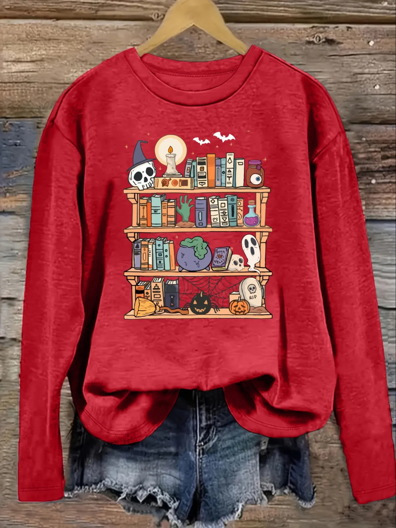 Women's Casual Long Sleeve Crew Neck T-Shirt Halloween Bookshelf With Skull Books Design, Round Neck Women's Clothing, Machine Washable, Slightly Elastic, Loose Fit, Spring Autumn Winter Women's T-Shirt, Halloween Costume Outfit view 4