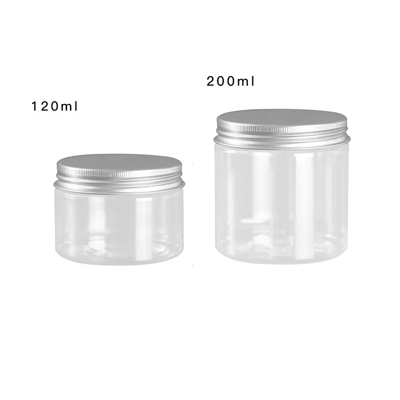 Silver Aluminum Lid 24Pcs Cosmetic Container Clear Pot 120ml 150ml 200ml 250ml Refillable Portable Plastic Empty Cream Jars