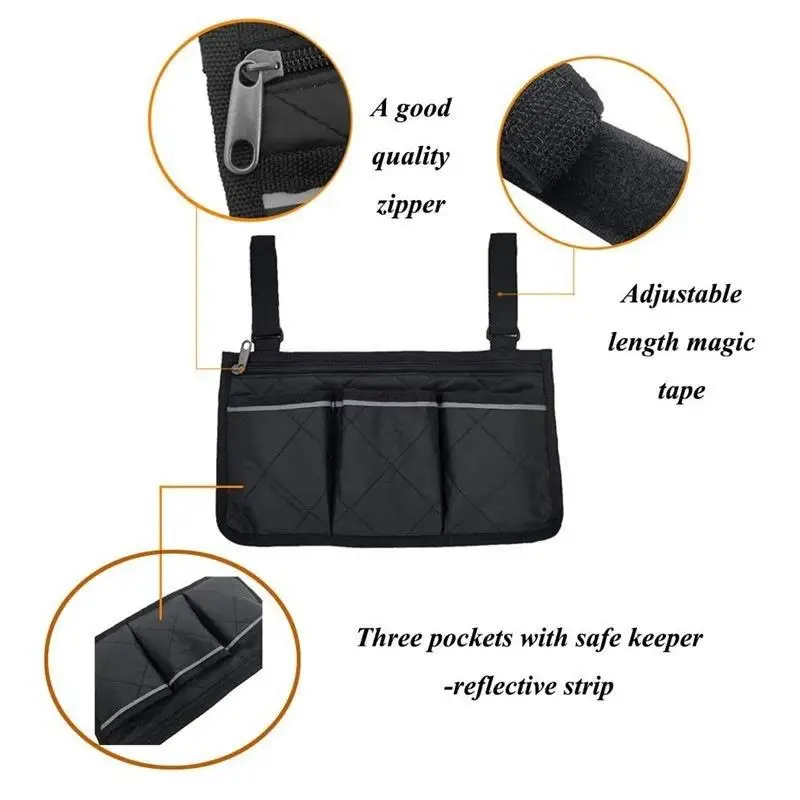 Multifunktionale Rollstuhl-Seitenarmlehnen-Tasche mit Reflektorstreifen, Tragbare Polyester-Aufbewahrungstasche für den Haushalt – Detail 8