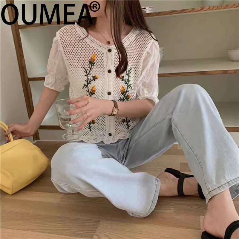 OUMEA Women Cotton Crochet Blouse Floral Embroidery V Neck Buttons Front Cardigans Puff Sleeve Vintage Tops