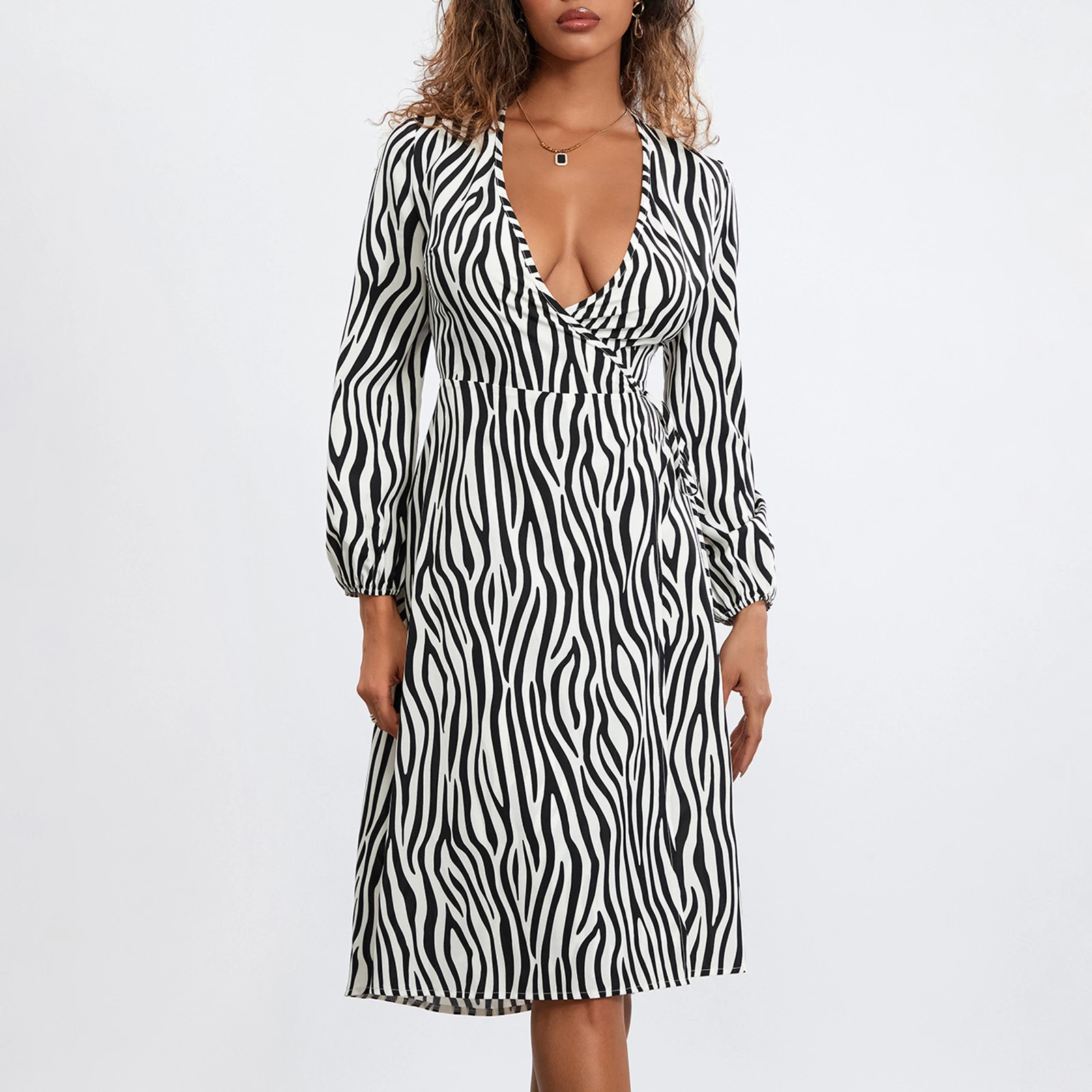 

Women Spring Summer Casual Long Sleeve V Neck Midi Dress Zebra Stripes Printed Fashion Tunic Dresses Ladies Vestidos