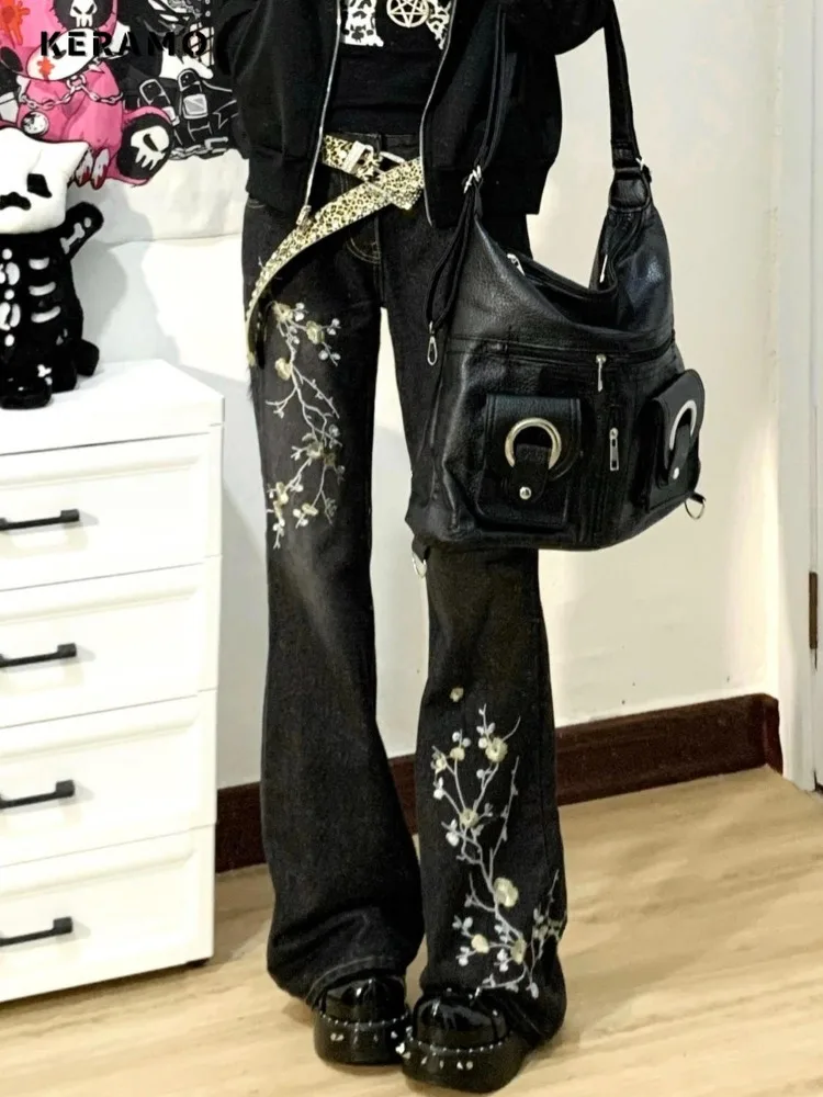 

Женские повседневные джинсовые брюки полной длины с цветочным принтом, уличные джинсы в стиле ретро 2000-х годов с высокой талией, винтажные темные трешные узкие брюки в стиле эмо