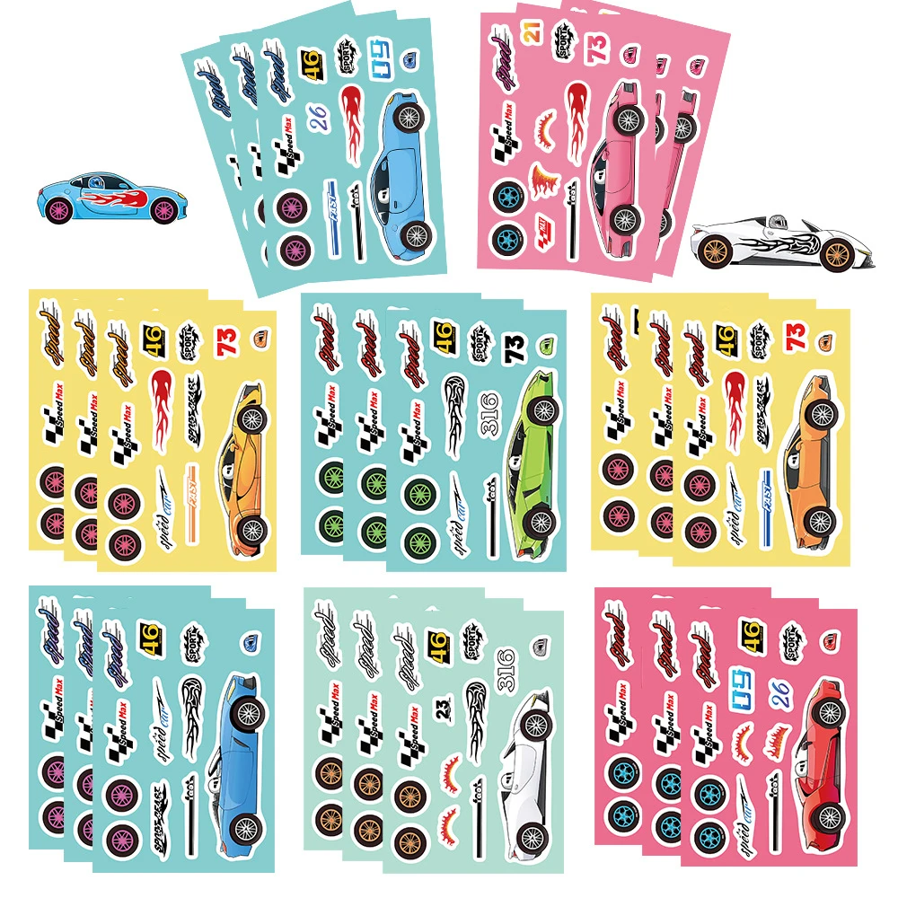 8/16 arkuszy samochód wyścigowy Puzzle naklejki gra zrób twarz dzieci montaż układanka DIY dekoracje zabawki edukacyjne dla dzieci Party Favor