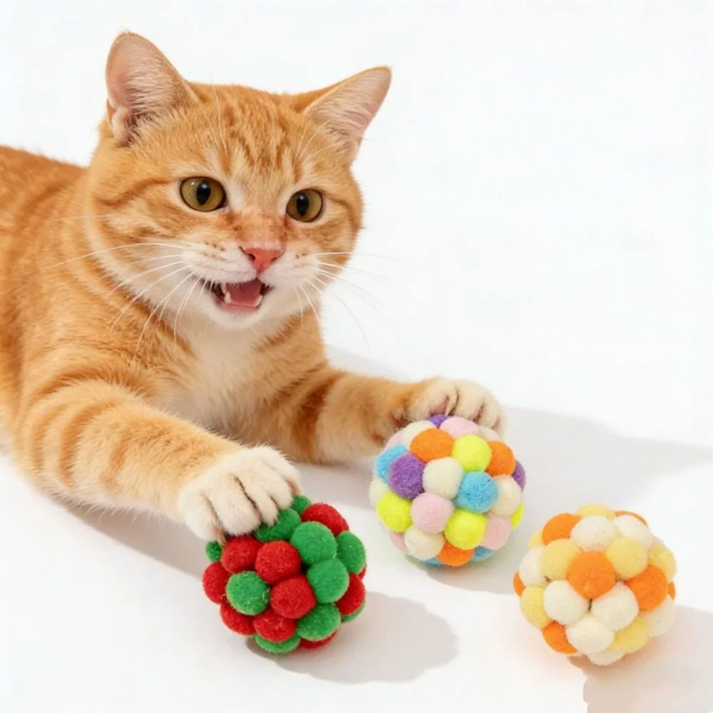 3 Pcs Cat Plush Ball Toys Pet  Bell Ball Interactive Kitten Play Toy Colorful Woolen Ball Suitable for Indoor Training