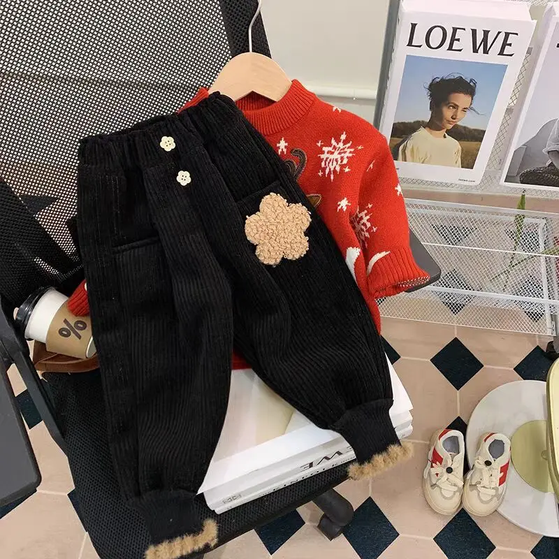 Sweatpants مبطنة بالصوف السراويل الطويلة سميكة الخريف الشتاء سروال قصير جديد المألوف Grils الأطفال كل مطابقة مريحة