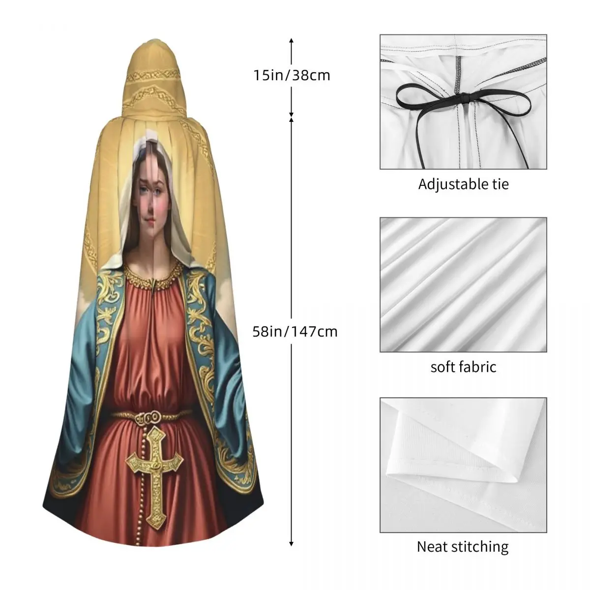 カトリック聖母マリアロングフード付きマント魔女中世コスチュームコスプレケープハロウィンヴァンパイア大人ユニセックス