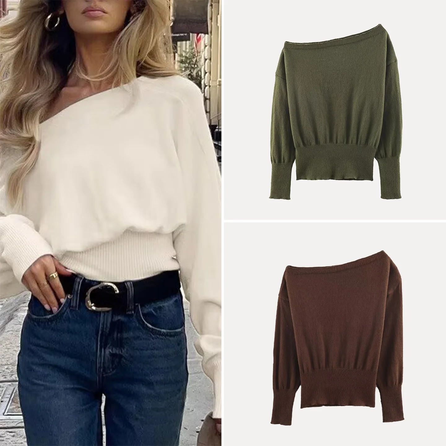 Ele Faionable Knitted Sweater oulder Bared One-oulder Long Sve Women's Autumn New Arrival Casual Comfortable