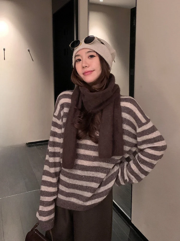 A-Ade Camere Sweater Skin-Friendly Soft Warm Long Sve Striped Knitwear Casual C…