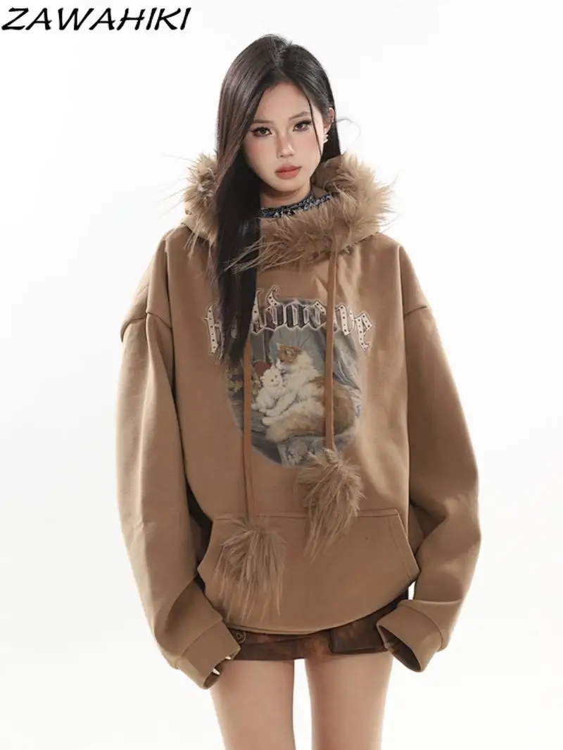 

Sweatshirt Hoodie Fall Winter New Arrive Y2K Aesthetic Furry Collar Hoodies Vintage Letter Cartoon Print All Match Kpop Clothes