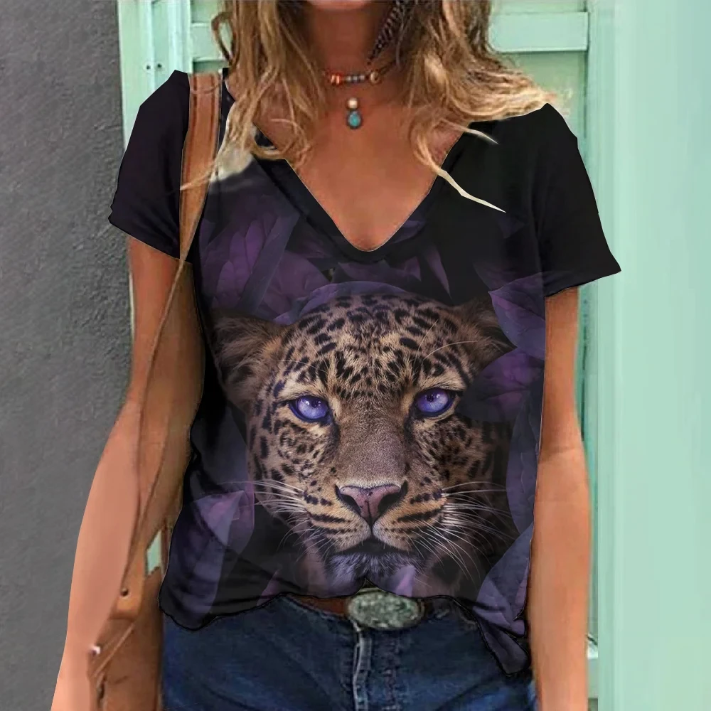 Tiger Graphic T-Shirts Animal 3D Print Women Short Sleeve T Shirt V-Neck Streetwear Oversized Harajuku Female Tees Tops Clothing