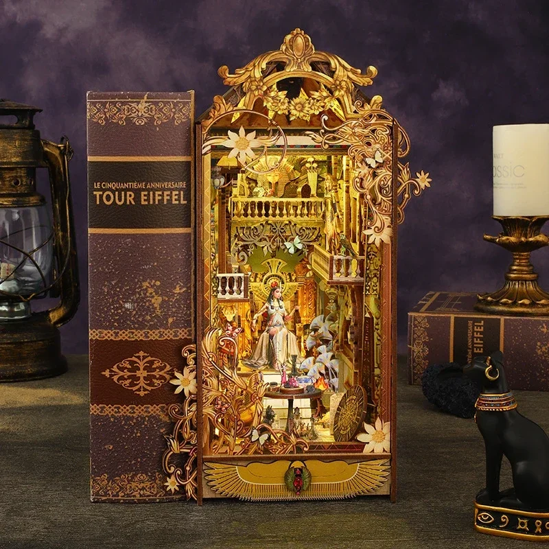 

DIY Wooden Book Nook Shelf Insert Kits Miniature, The Mysterious City Bookends Egypt Bookshelf Dollhouse for Friends Xmas Gifts