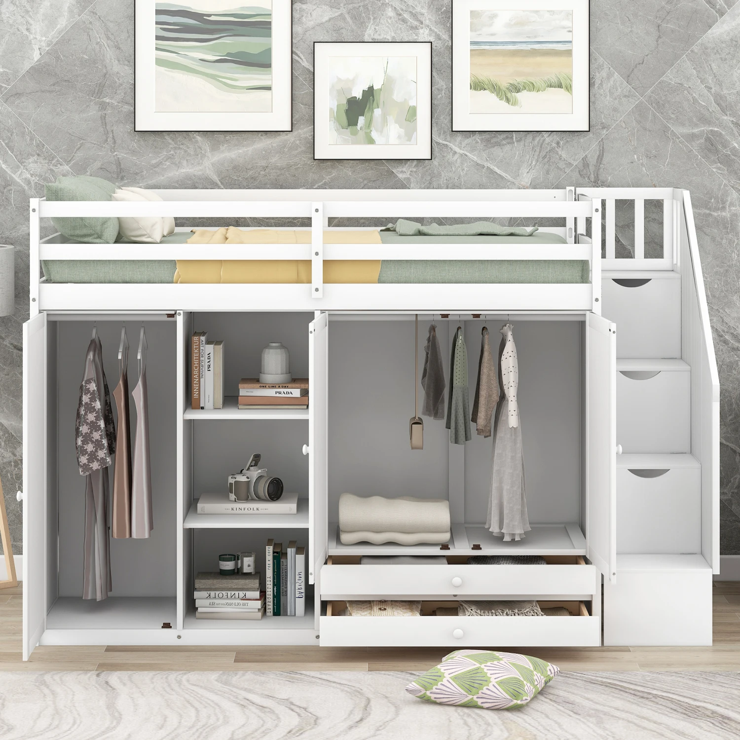 

Functional Loft Bed with Shelves, Wardrobes, Drawers, Storage Ladder, No Box Spring, White.