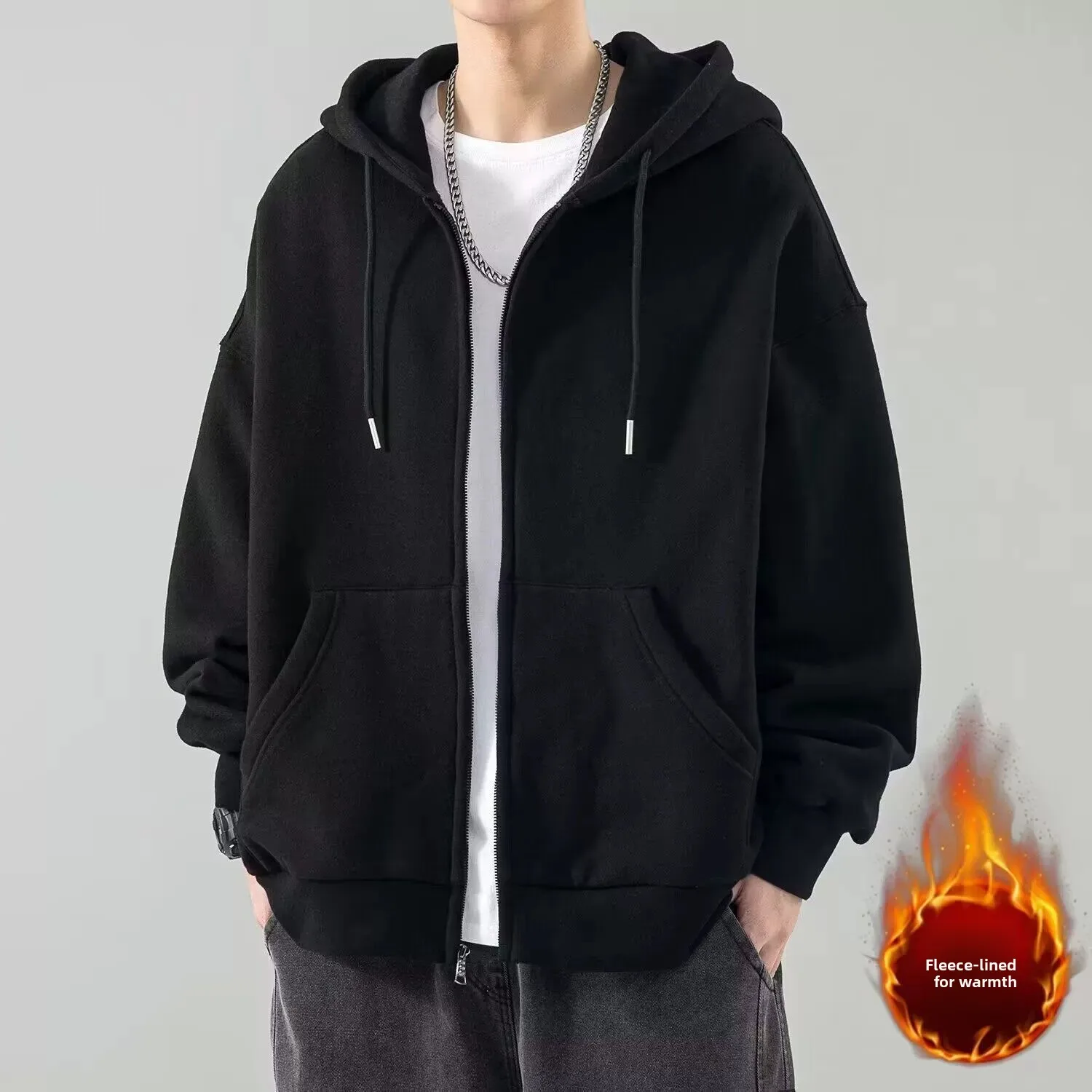 

Loose Men's Hoodie Jacket Pure Color Casual Long Sleeve Autumn Winter Fashion Open Cardigan Youth Style Comfortable Sweatshirt