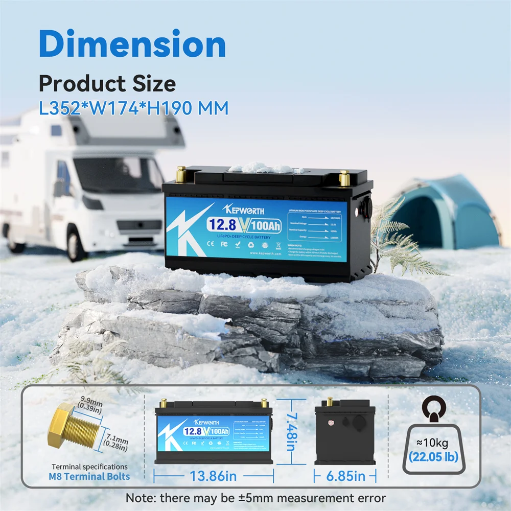 بطارية KEPWORTH 12 فولت 100 أمبير LiFePO4، 6000 دورة، BMS مطورة، لعربة الجولف الشمسية RV خارج الشبكة، مخزون الولايات المتحدة الأمريكية/الاتحاد الأوروبي
