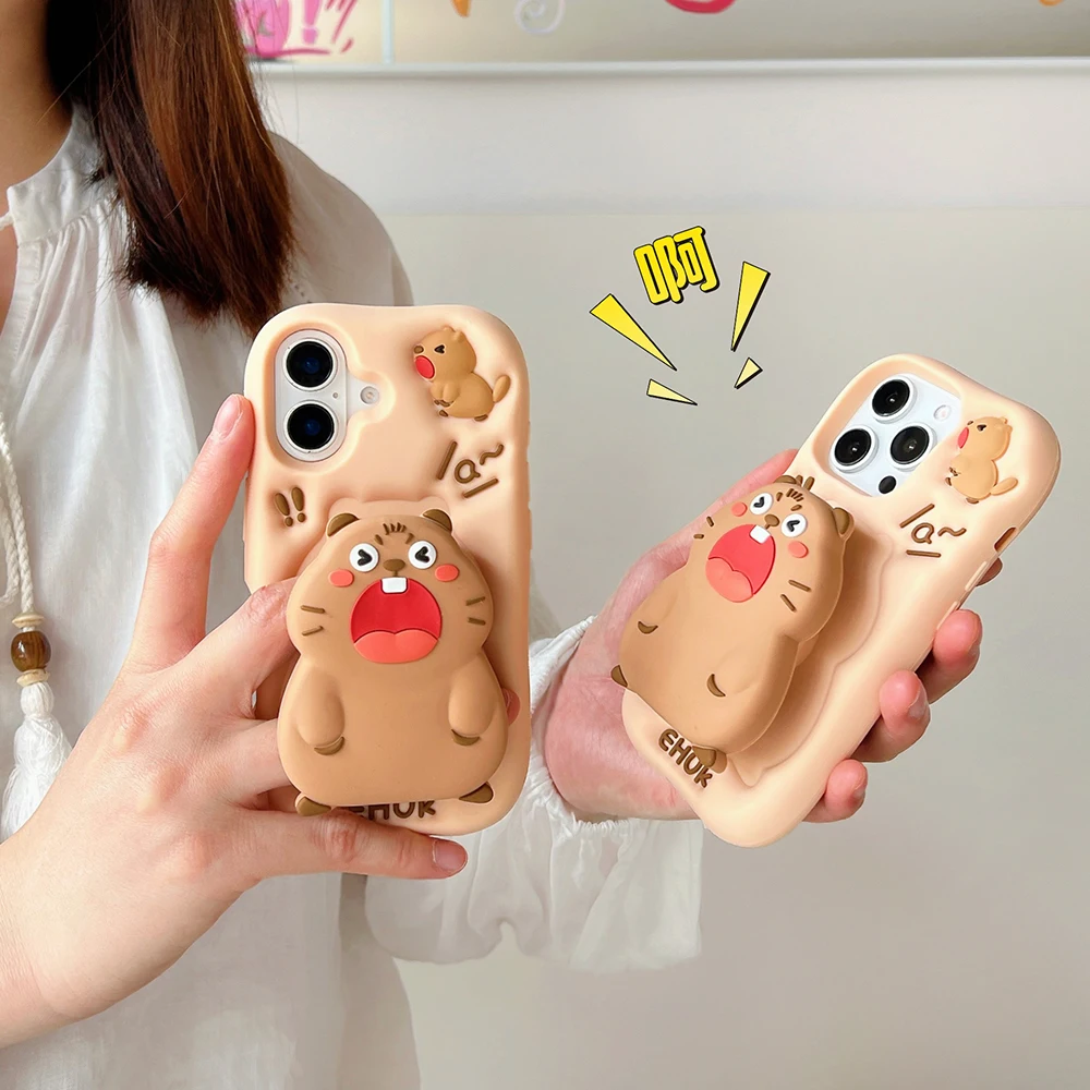 Lustige 3D-Tiere Capybara Teleskophalterung Hülle für iPhone 16 Plus 15 14 13 11 12 Pro Max Weiche Silikon-Ständerhalter-Abdeckung – Detail 2