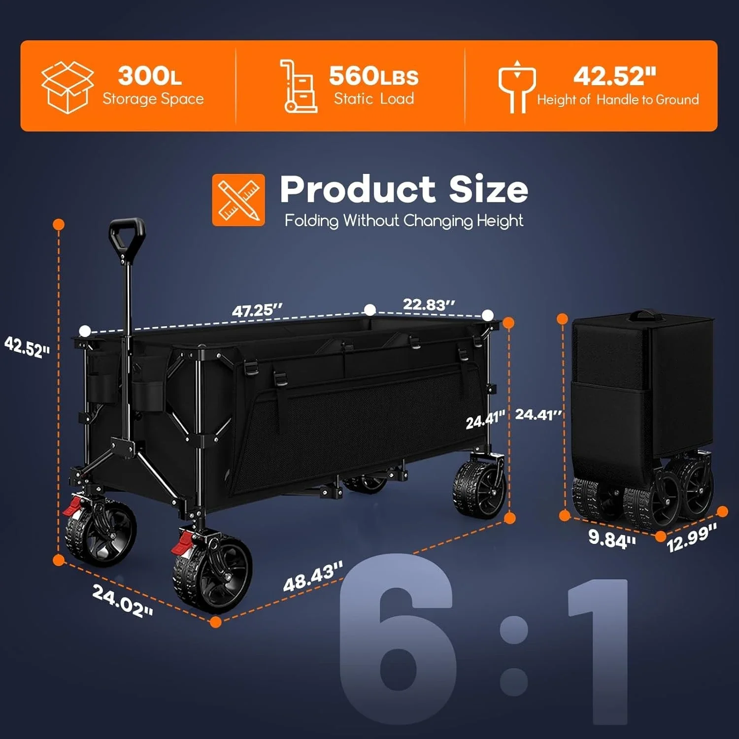 

48" L Collapsible Wagon Cart Foldable, 560LB Weight Capacity 300L Heavy Duty Folding Beach Wagons with Big All-Terrain Wheels