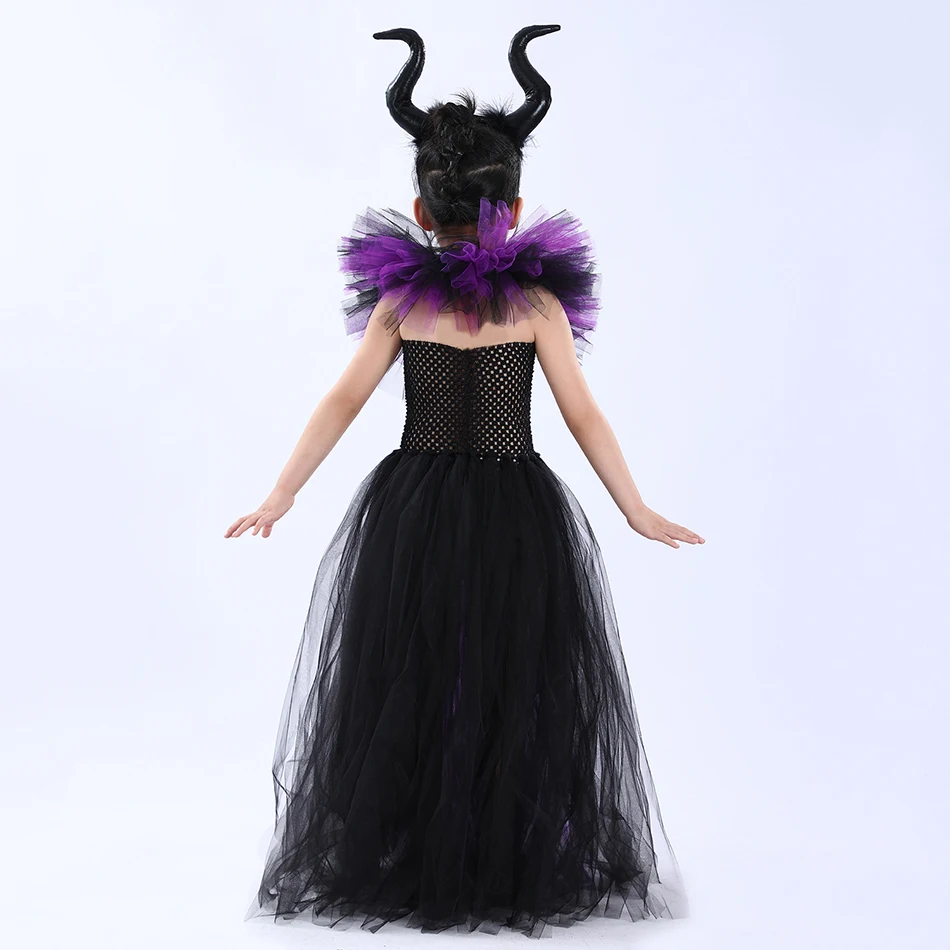 Schwarzes und Lila Hexenkostüm für Mädchen, Langes Tüllkleid mit Rüschen, Schulterfreies Maleficent-Cosplay-Outfit für Kinder zu Halloween und Karneval – Detail 5
