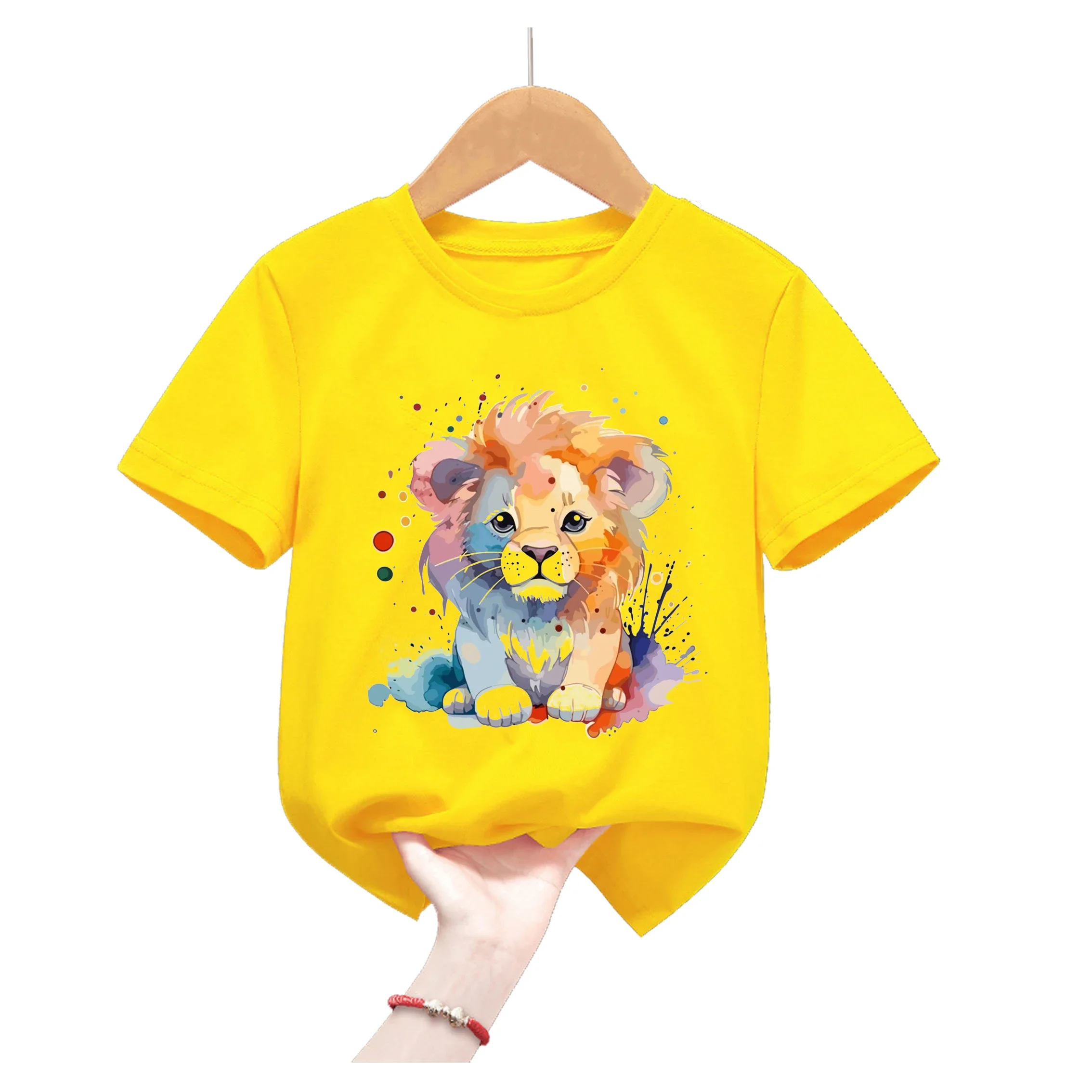 Lion King Animal Print Yellow T Shirt For Girls/Boys Summer Short Sleeve Tshirt Koala/Duck/Bee/Bunny/Dolphin Kids Clothes