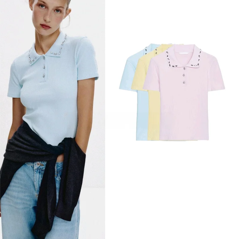 

Новые летние женские повседневные украшения с отложным воротником, топ, облегающий базовый топ из полиэфирного волокна