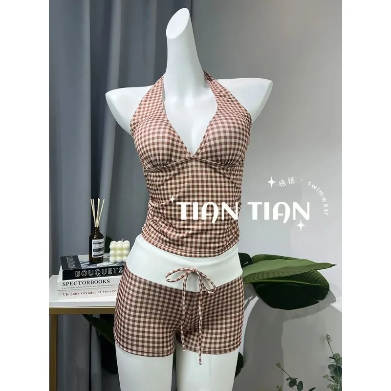 Women's French Plaid Halter Two Piece Split Swimsuit Slim Beach Hot Spring Vacation Swimwear