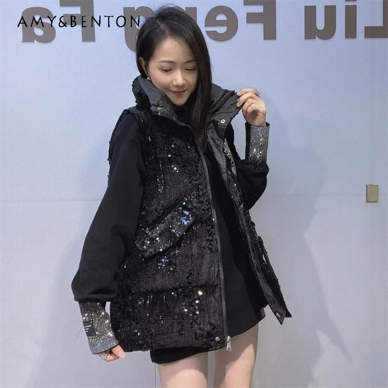 

Негабаритный повседневный теплый жилет, куртка, топ, женский черный свободный кардиган на молнии с блестками, воротник-стойка, корейский стиль, жилеты без рукавов