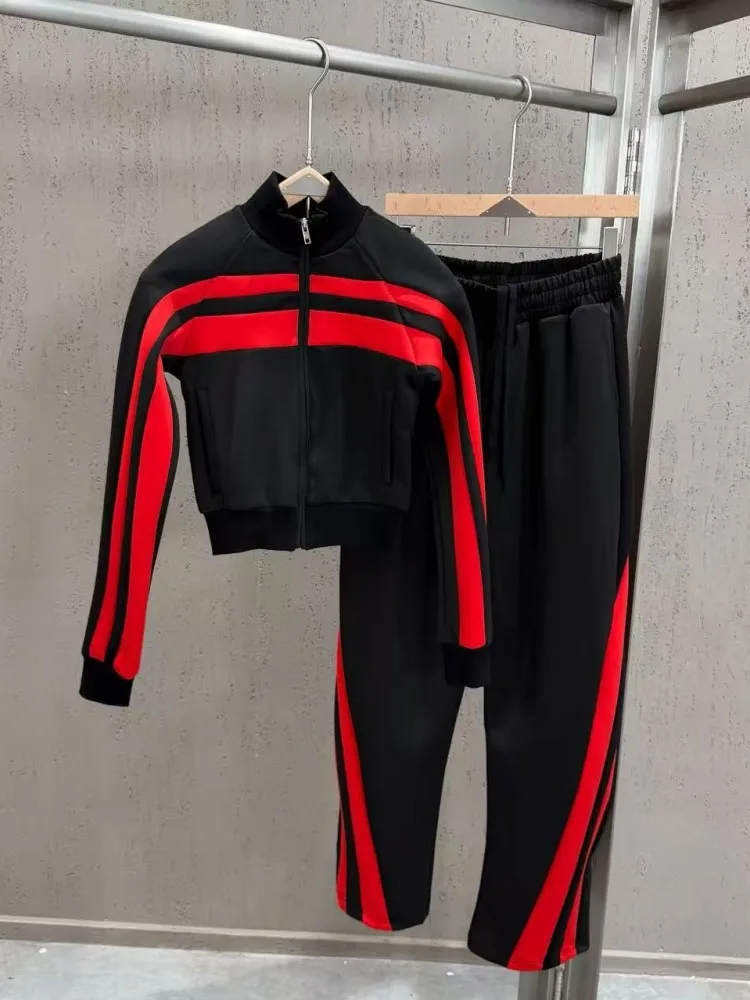 Autumn Women Tracksuit Mixed Colors Stand Collar Slim Fit Short Jacket Straight Pants Two Piece Set Female Running Sportswear