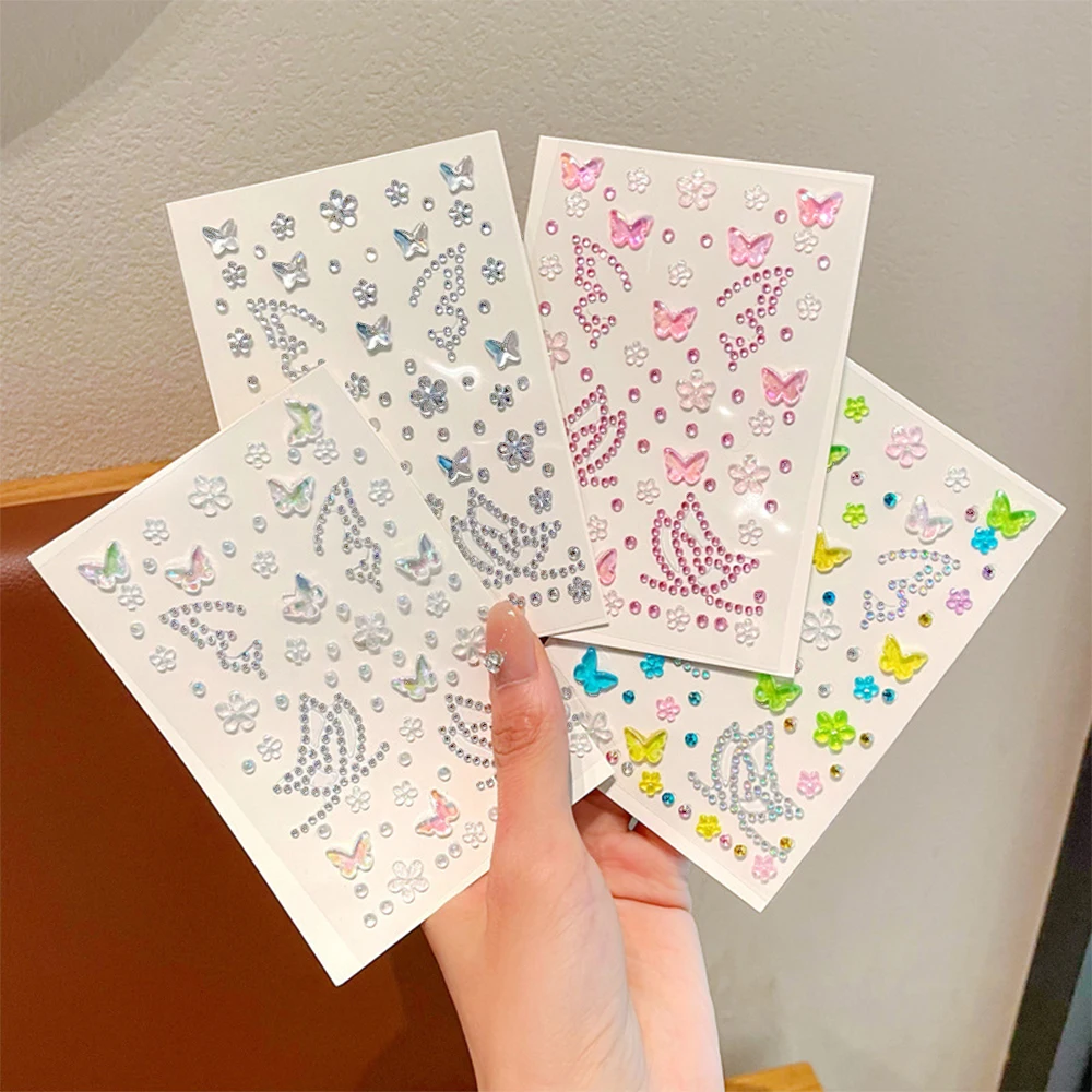 2 Stück Bling rosa weiße Schmetterling Blume Edelstein Tattoos Aufkleber selbstklebende Diamant temporäre Tattoo für Auge Gesicht Körper Juwelen Dekor – Detail 2
