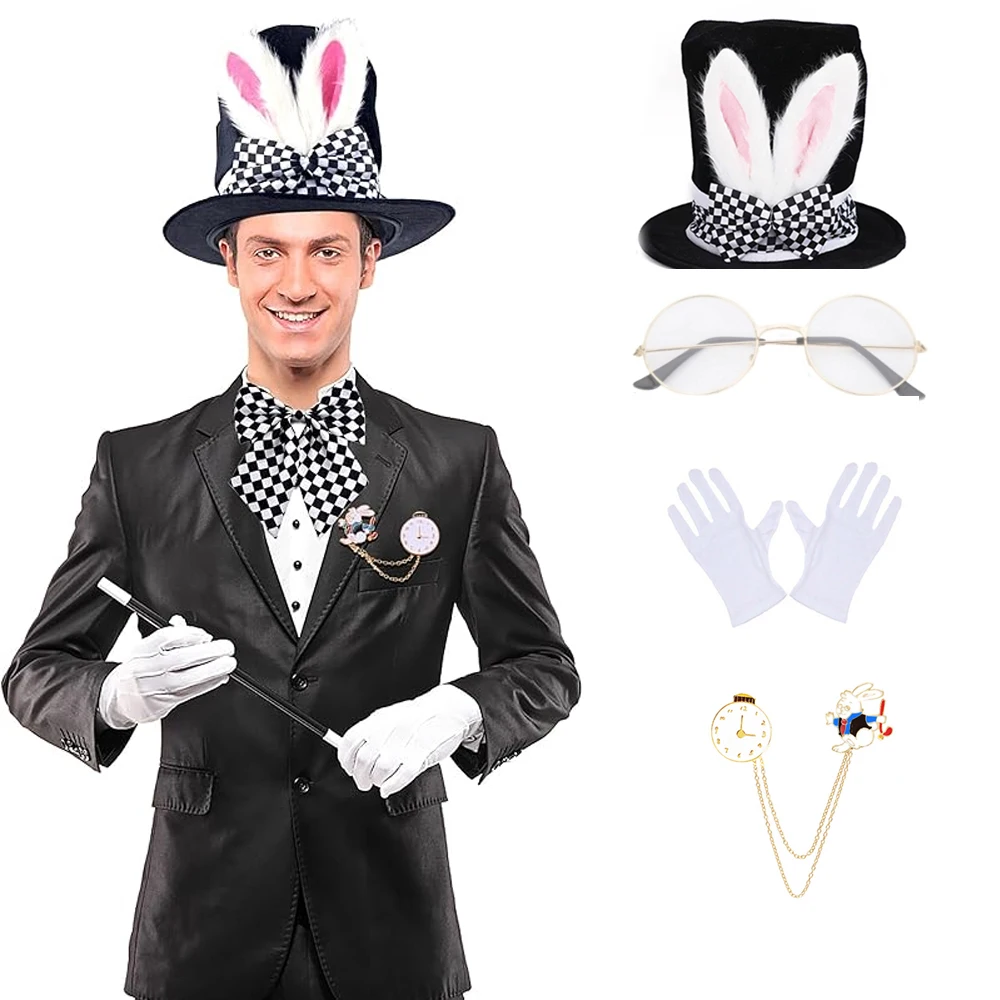 

2026 Easter White Rabbit Hat Set-Include Rabbits Ear Topper Plush Hat Clock Bowtie Cosplay Bunny Dress Up Costume Accessories