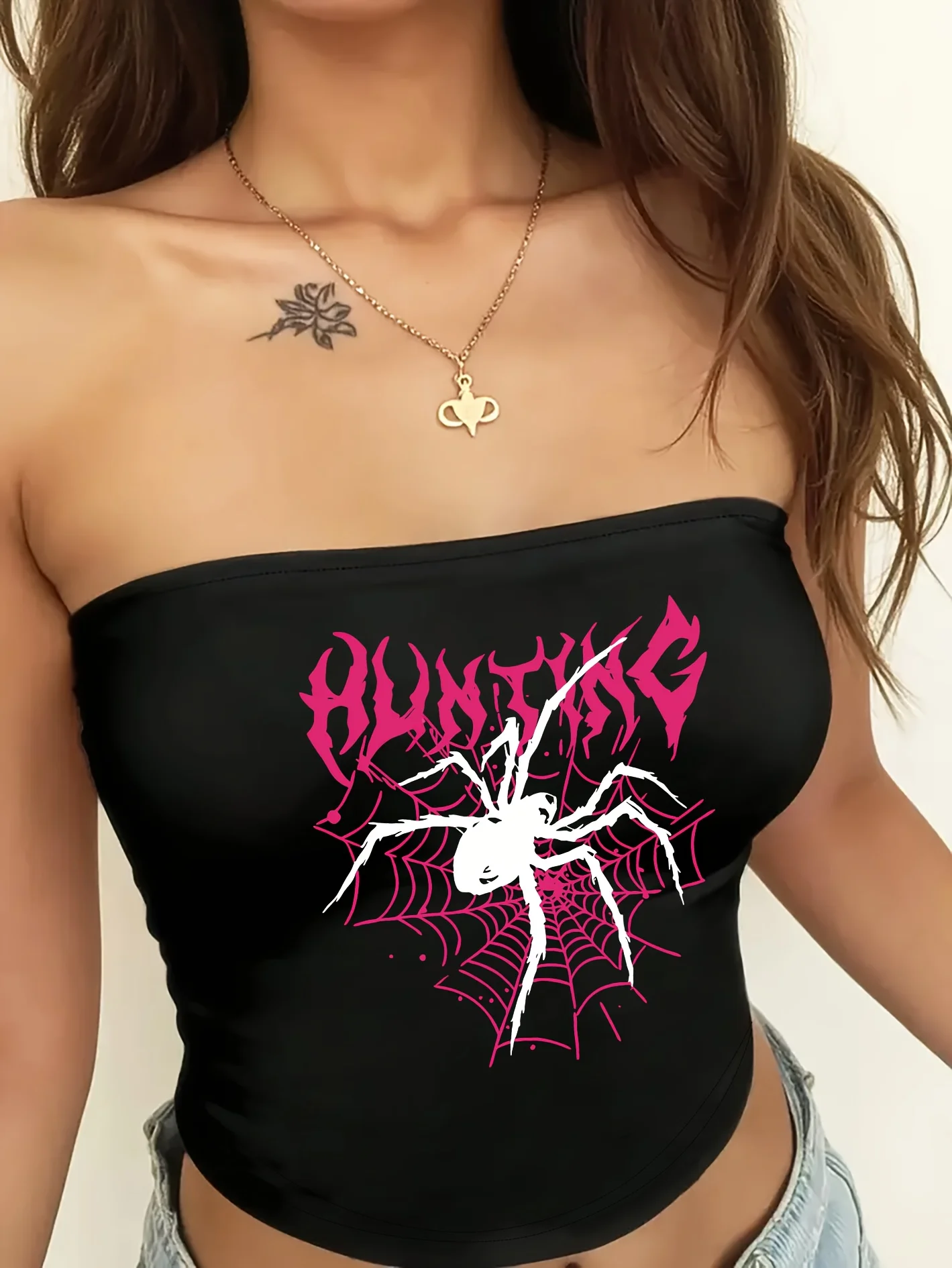 Top Crop Estampado com Aranhas Y2K para Mulheres, Top Sem Alças, Ideal para Moda de Rua na Primavera e Verão, Roupas Casuais dos Anos 90