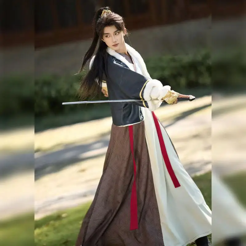 مجموعة فستان المبارز الصيني القديم Hanfu للرجال بياقة متقاطعة سميكة زي أنيق رائع للأولاد فارس ملابس تنكرية للعام الجديد