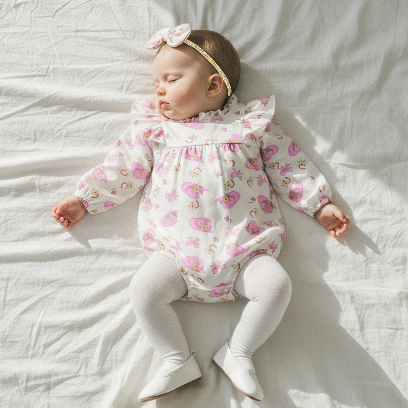 Cute Newborn Baby Girl Romper Outfit, Ruffled Long Sleeve Crew Neck Bow Print Romper with Hairband Spring Fall Clothes