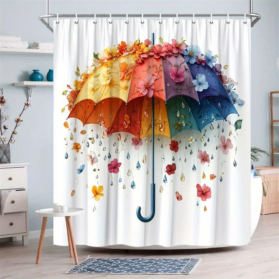 

"Colorful Flower Umbrella Shower Curtain with Water Drops and Petals for Spring Bathroom Decor and Home Decoration"
