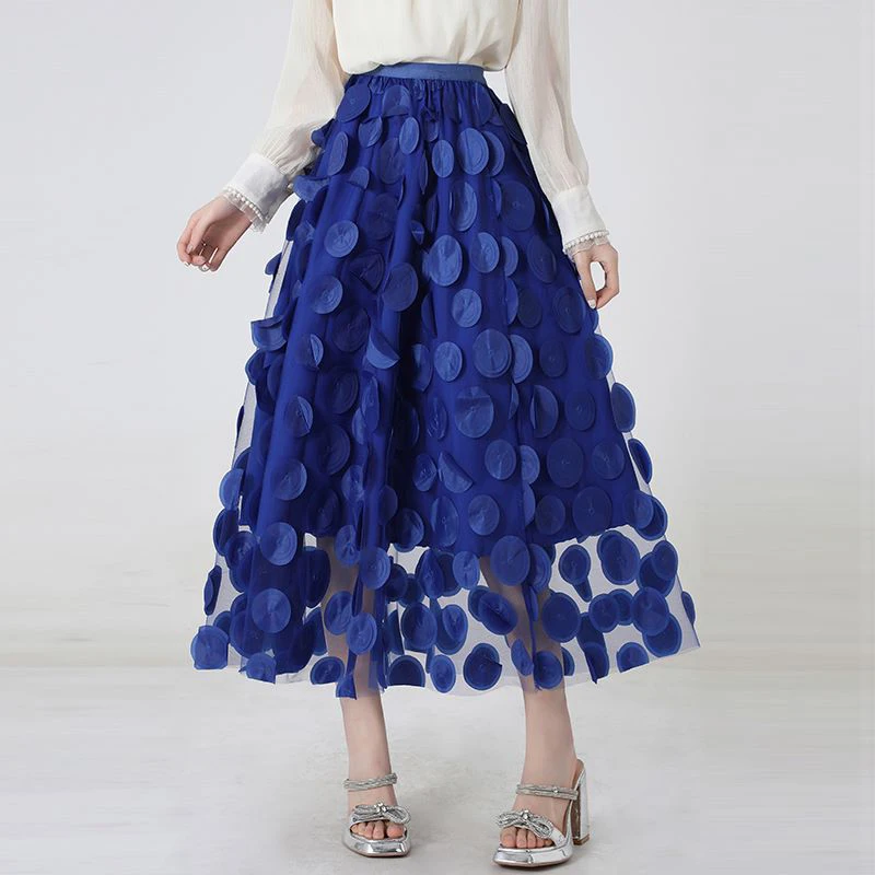 

Spring Summer Polka Dot Tulle Skirt Elastic Waist Long Tutu Skirt High Waist A-Line Skirt Jupe Femme