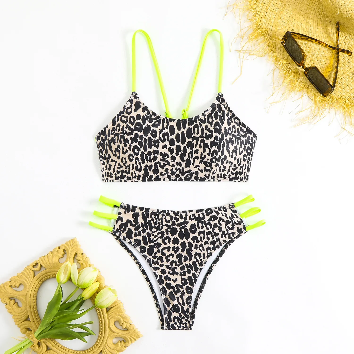 Conjuntos de bikini bandeau con estampado de leopardo sexy, traje de baño de dos piezas con Tanga y vendaje en la espalda, traje de baño, bikini bakini tankini