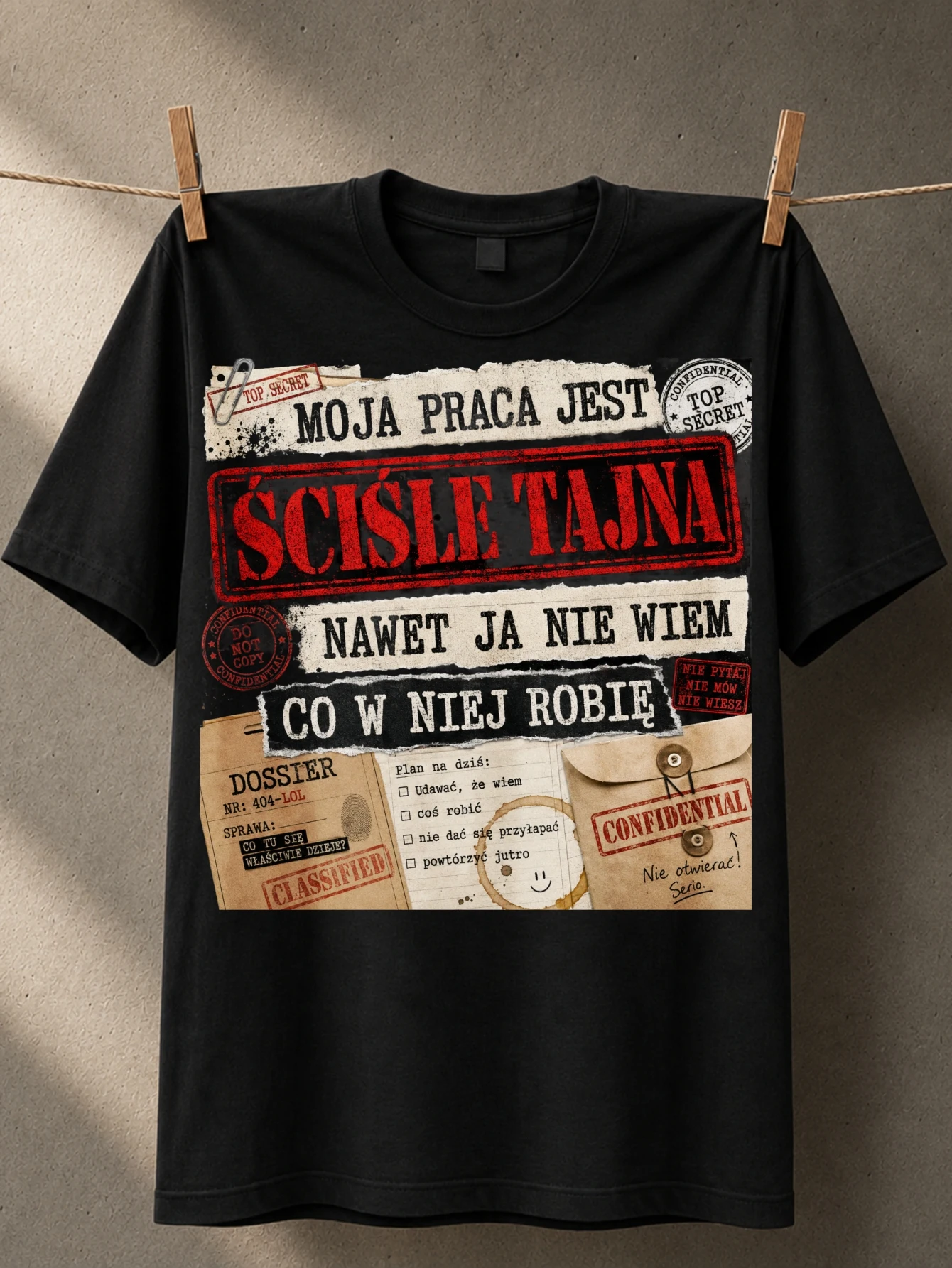 Moja praca jest scisle tajna dossier collage classified papers stamps checklist vintage secret  Unisex All T-Shirt