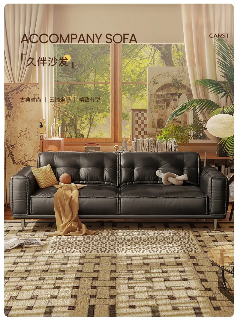 Leather Sofa Retro Straight Imported First Layer Cowhide Tofu Block Living Room American Leather Sofa