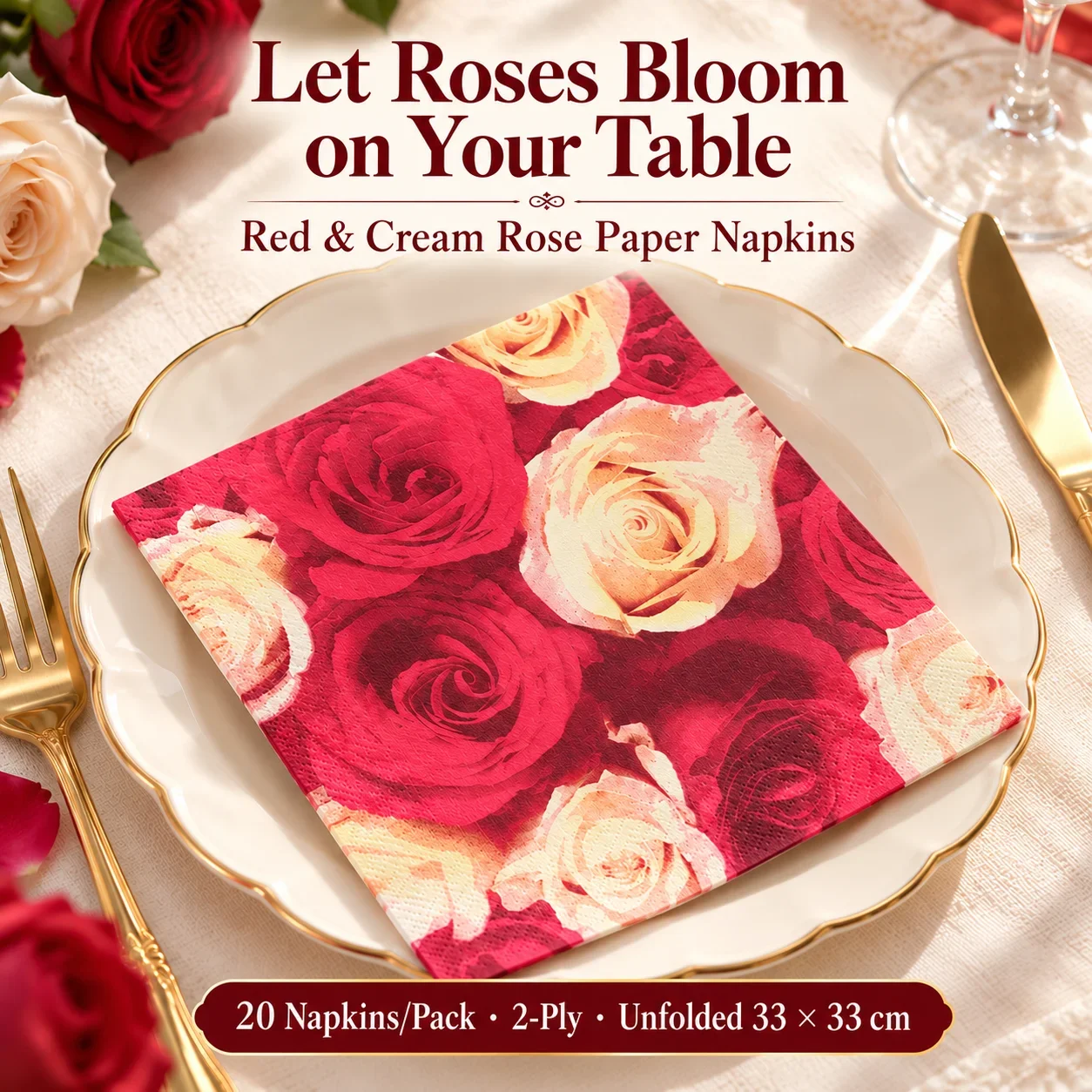 20pcs Rose Paper Napkins 2-Ply 33x33cm Red Cream Floral Print for Wedding Valentine Anniversary Party Table Decor
